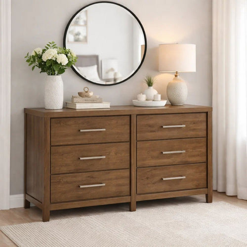 Cabal 6 Drawer Wide Dresser | Aged Pewter Handles | Glazed Light Brown