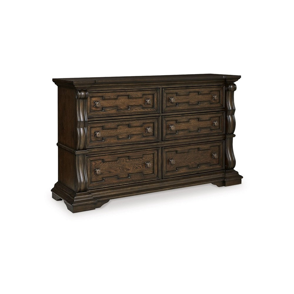 May Classical Wide Dresser | 6 Drawers w Carved Fronts | Dark Brown