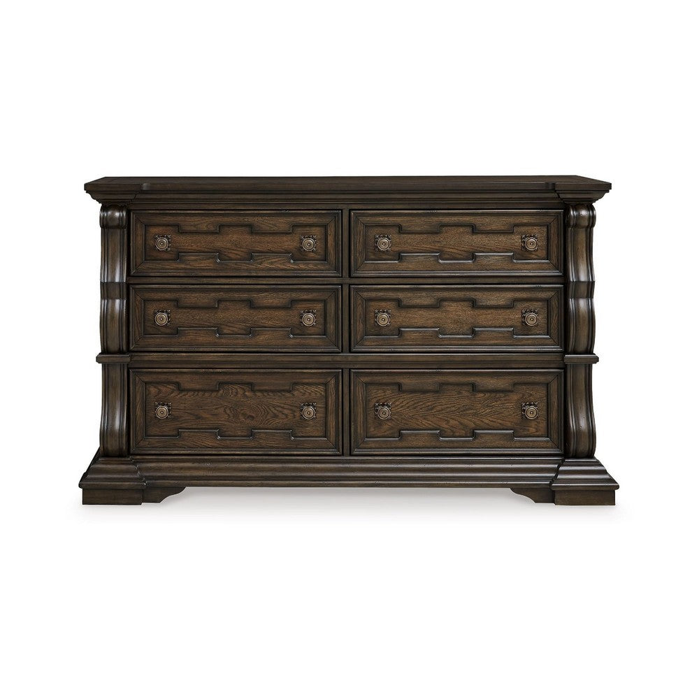 May Classical Wide Dresser | 6 Drawers w Carved Fronts | Dark Brown