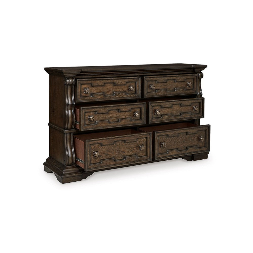 May Classical Wide Dresser | 6 Drawers w Carved Fronts | Dark Brown