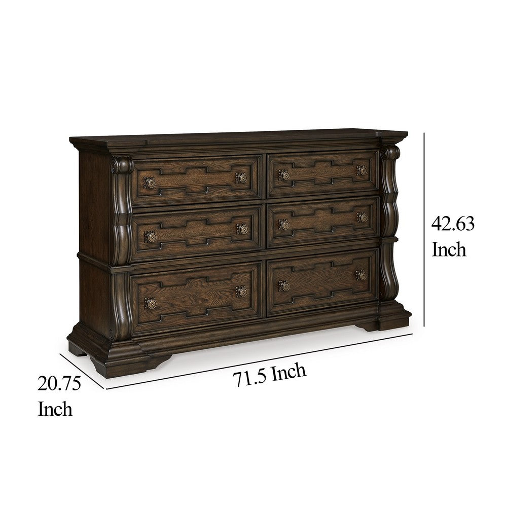 May Classical Wide Dresser | 6 Drawers w Carved Fronts | Dark Brown
