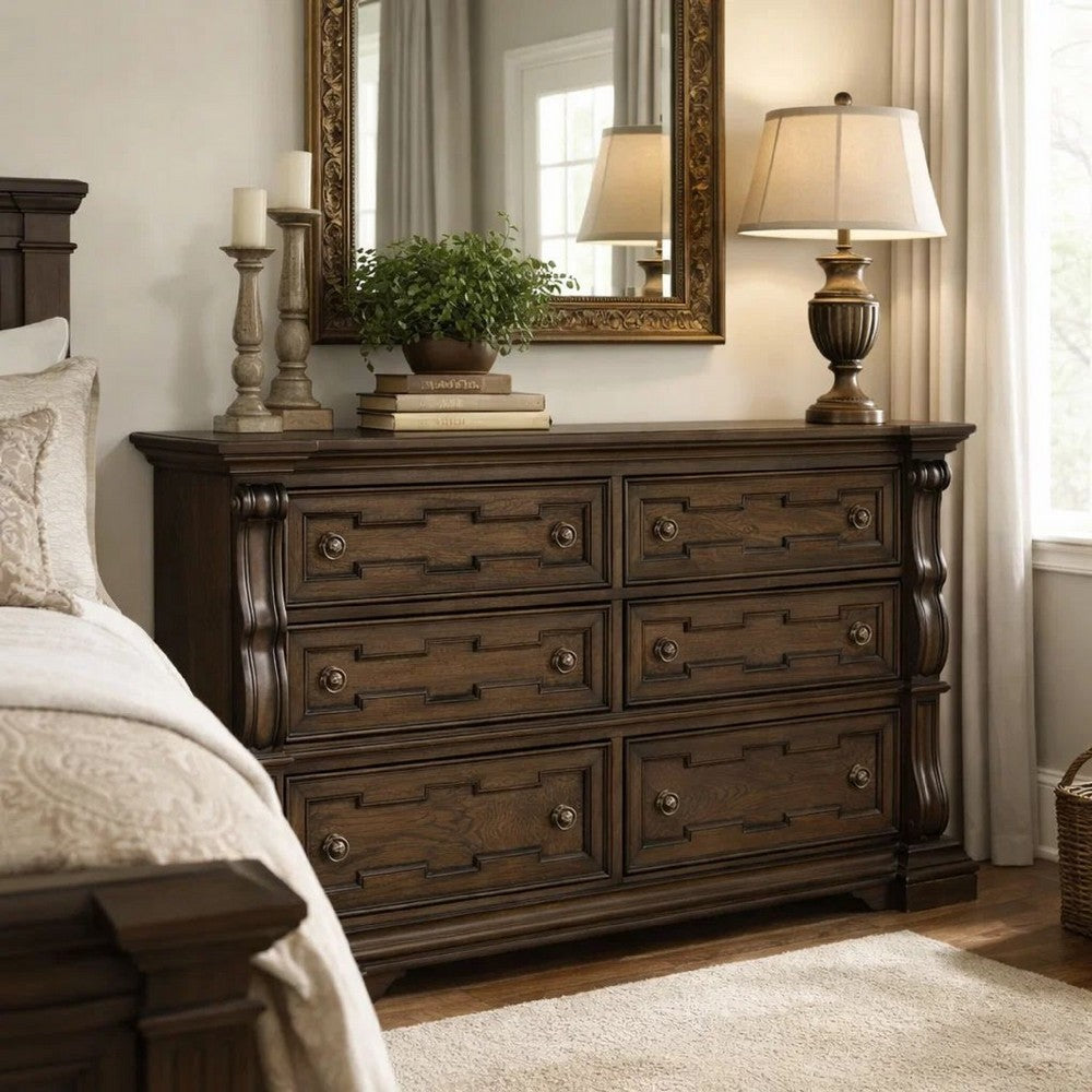 May Classical Wide Dresser | 6 Drawers w Carved Fronts | Dark Brown