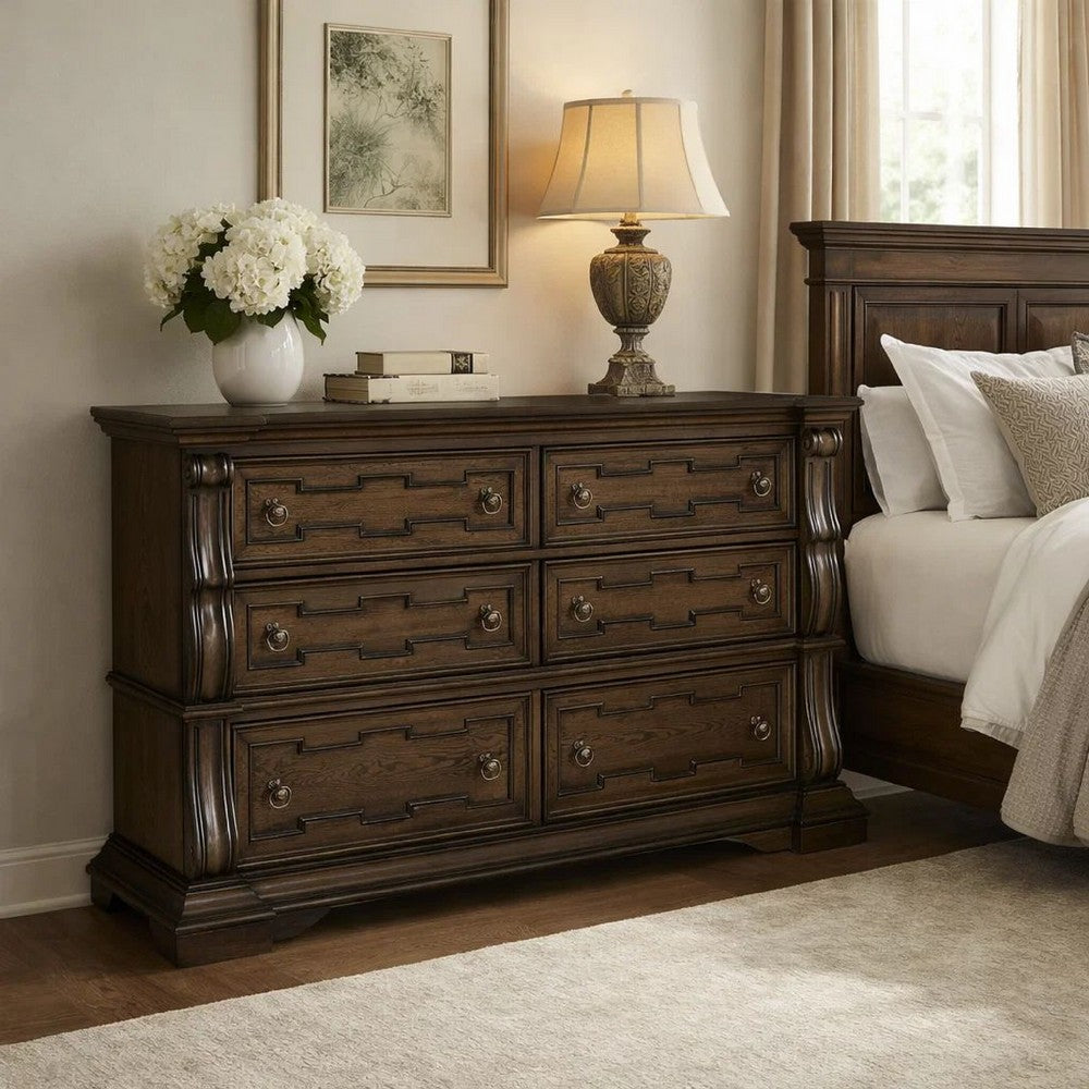 May Classical Wide Dresser | 6 Drawers w Carved Fronts | Dark Brown
