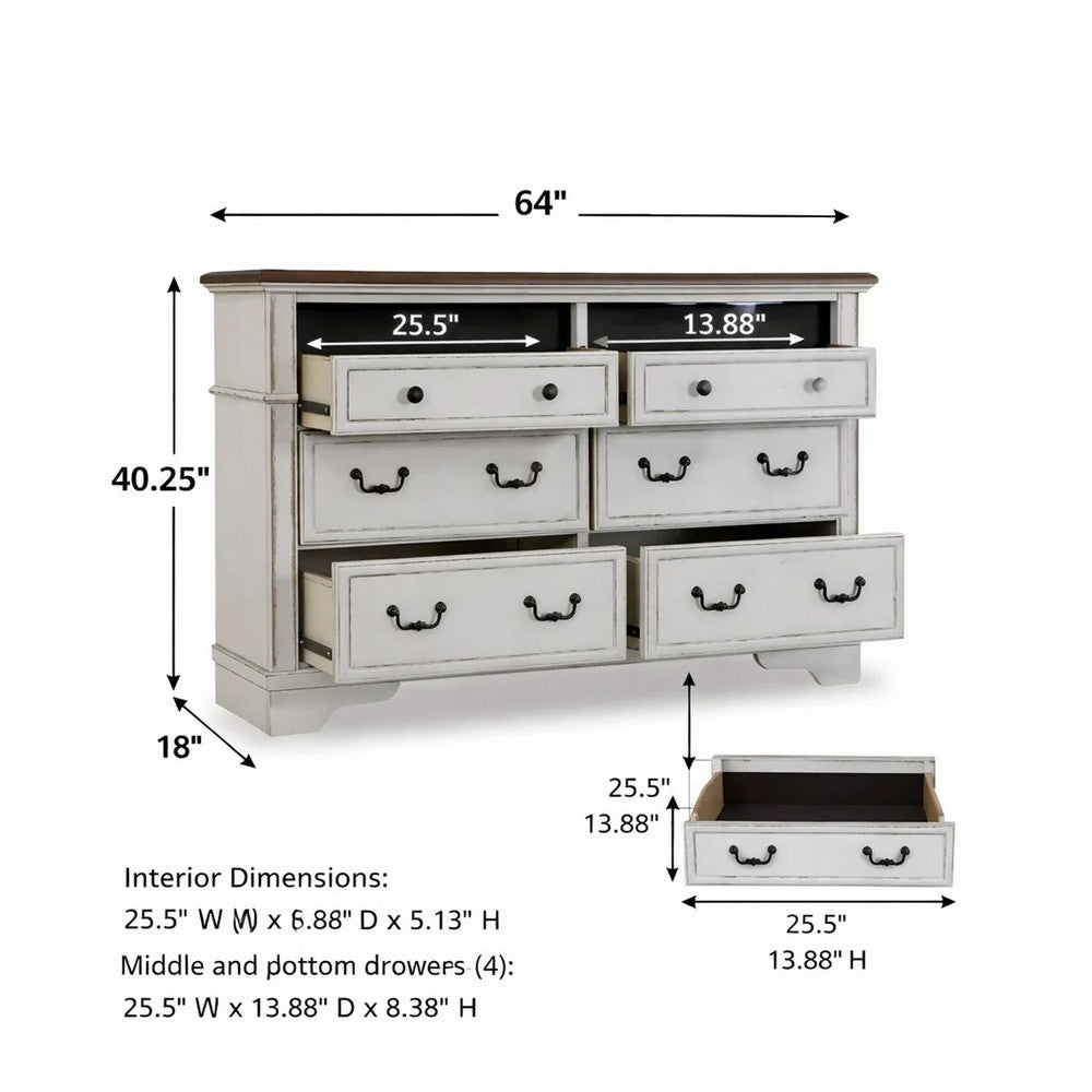 Bely Wide Dresser | 6 Drawers w Classic Pilasters | Bronze | White | Brown
