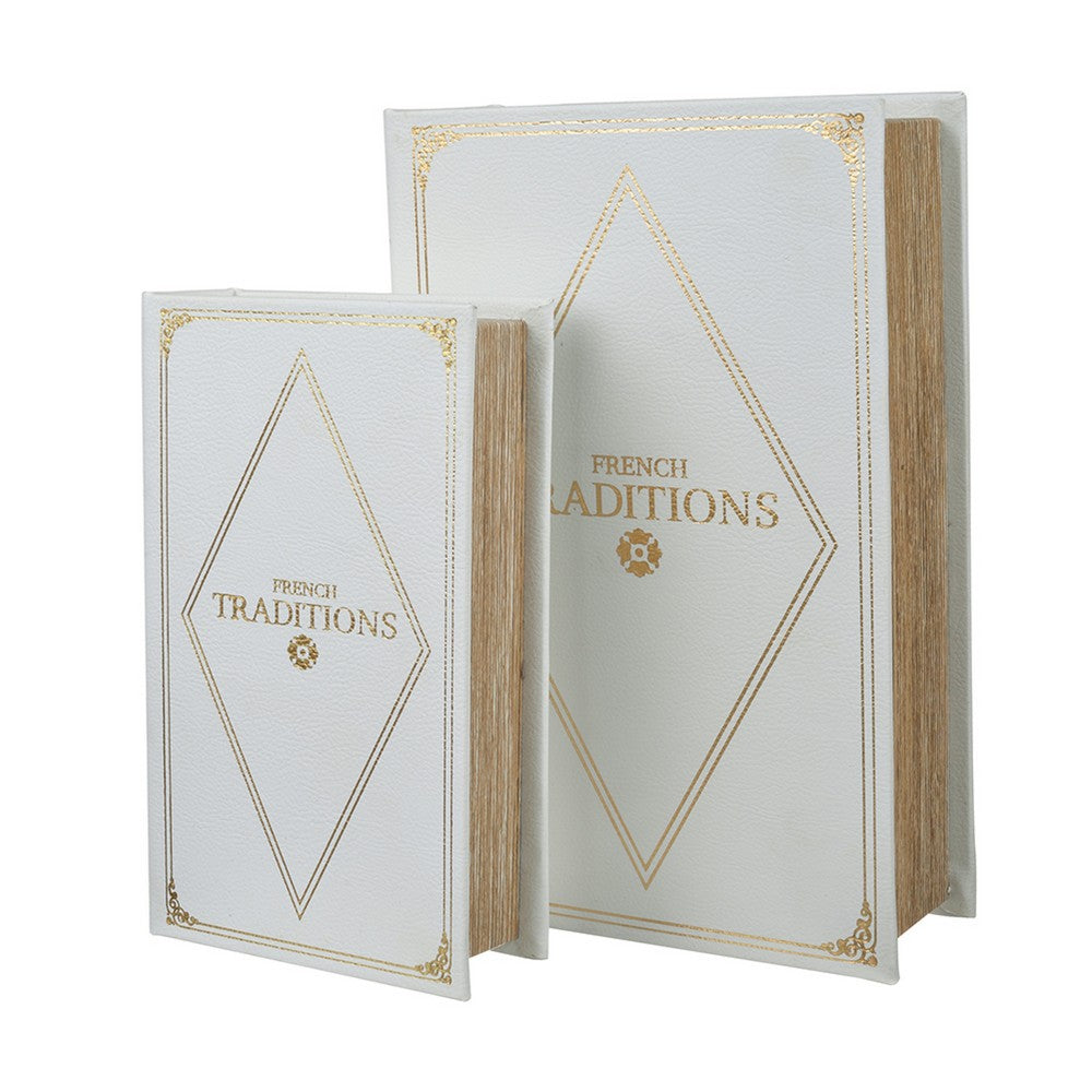 Faux Book Design Storage Boxes Set of 2 | White Faux Leather | Gold Accent