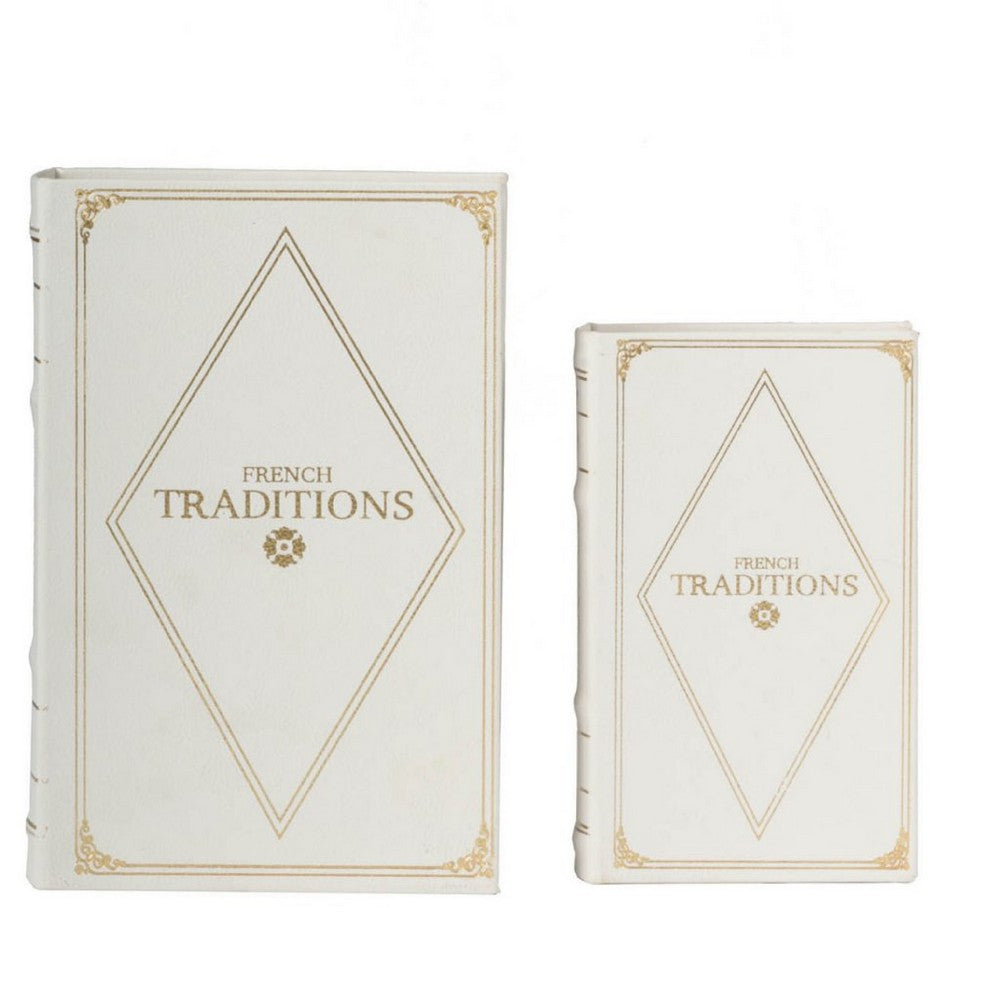 Faux Book Design Storage Boxes Set of 2 | White Faux Leather | Gold Accent