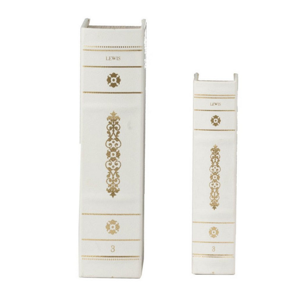 Faux Book Design Storage Boxes Set of 2 | White Faux Leather | Gold Accent