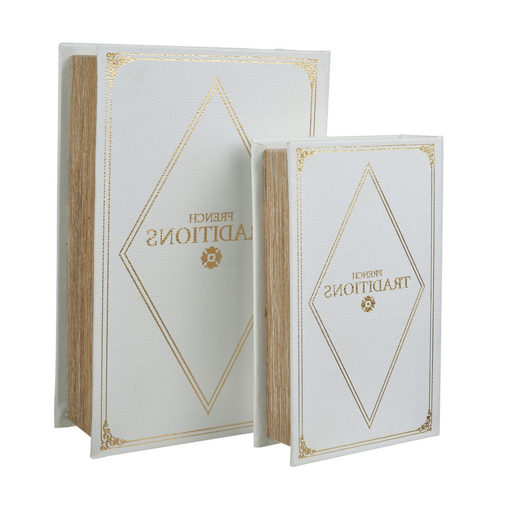 Faux Book Design Storage Boxes Set of 2 | White Faux Leather | Gold Accent