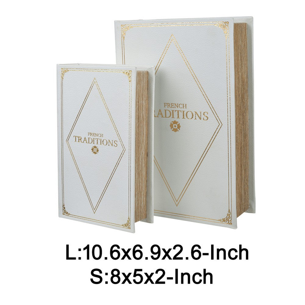 Faux Book Design Storage Boxes Set of 2 | White Faux Leather | Gold Accent