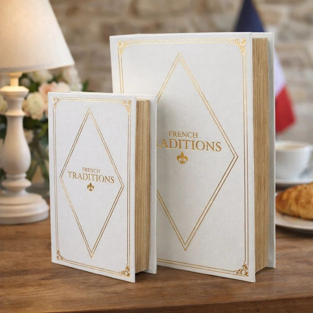 Faux Book Design Storage Boxes Set of 2 | White Faux Leather | Gold Accent
