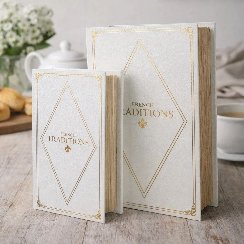 Faux Book Design Storage Boxes Set of 2 | White Faux Leather | Gold Accent