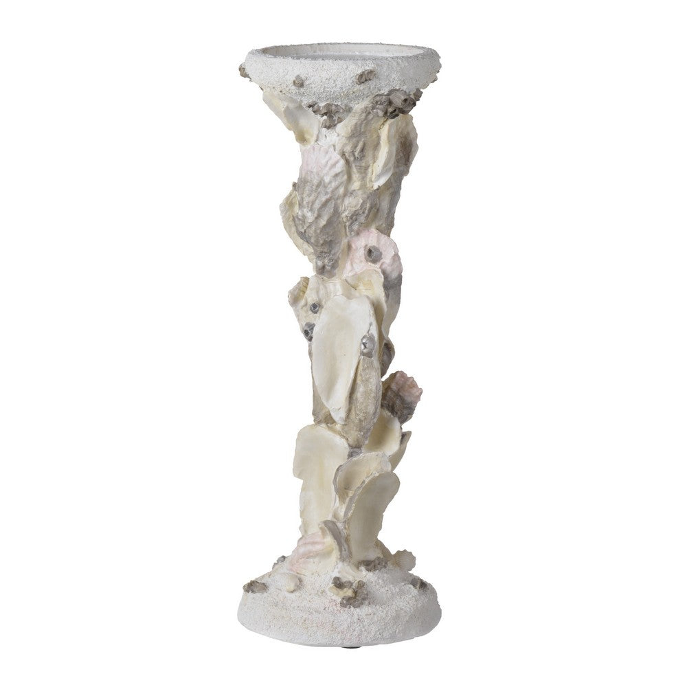 Pillar Candle Holder | Oyster Design 14" Tall Coastal White Polyresin