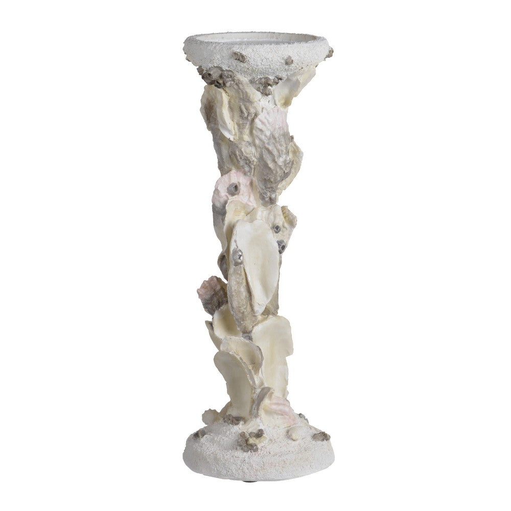 Pillar Candle Holder | Oyster Design 14" Tall Coastal White Polyresin
