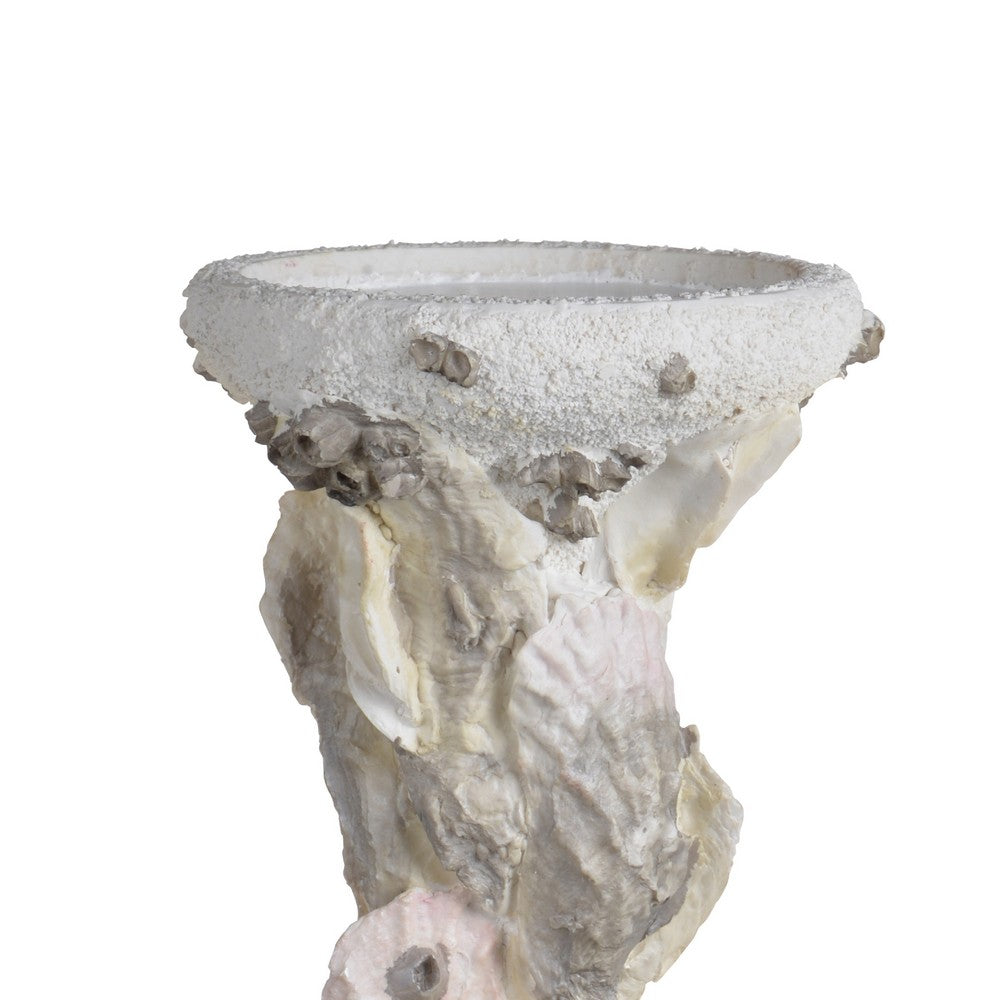 Pillar Candle Holder | Oyster Design 14" Tall Coastal White Polyresin