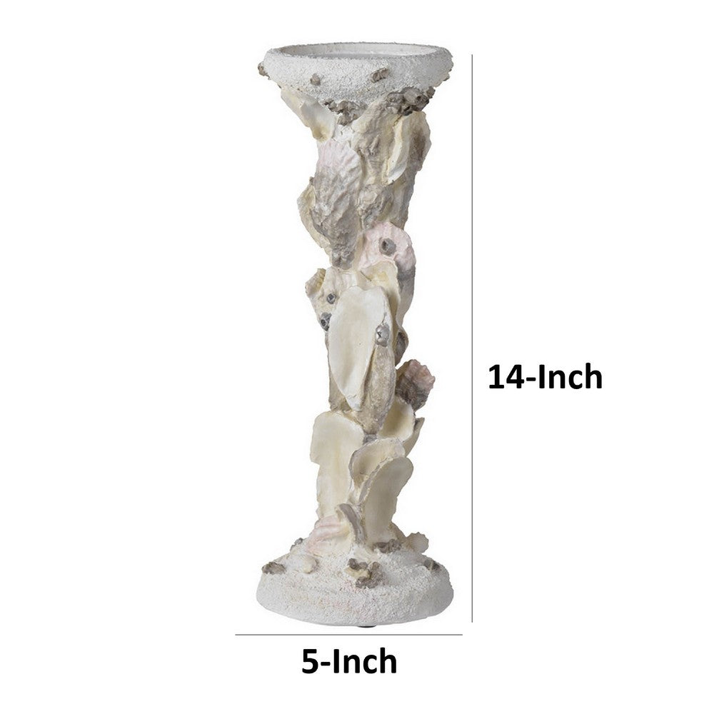 Pillar Candle Holder | Oyster Design 14" Tall Coastal White Polyresin
