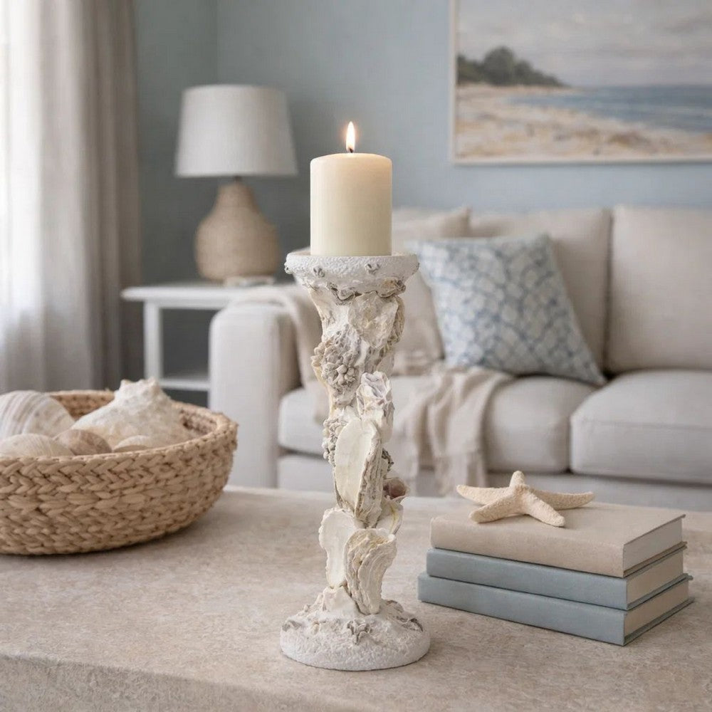 Pillar Candle Holder | Oyster Design 14" Tall Coastal White Polyresin
