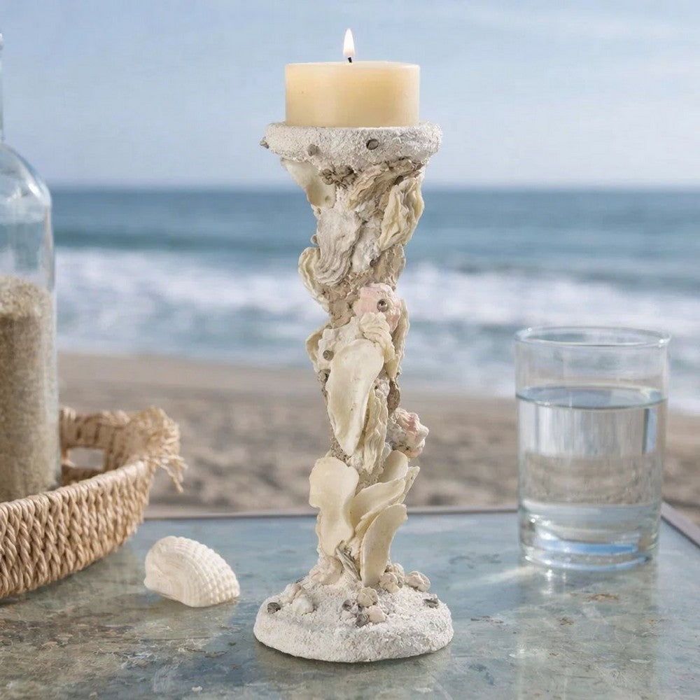 Pillar Candle Holder | Oyster Design 14" Tall Coastal White Polyresin