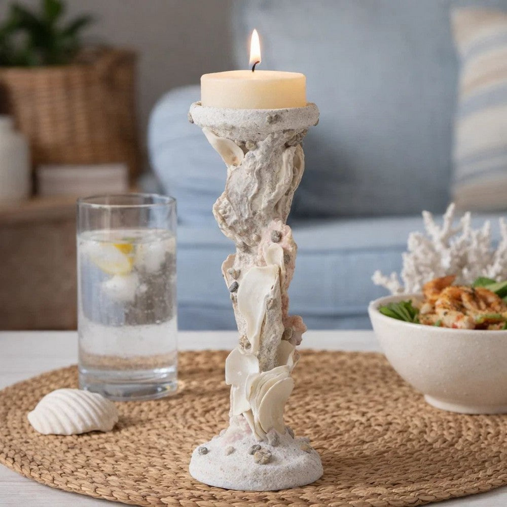 Pillar Candle Holder | Oyster Design 14" Tall Coastal White Polyresin