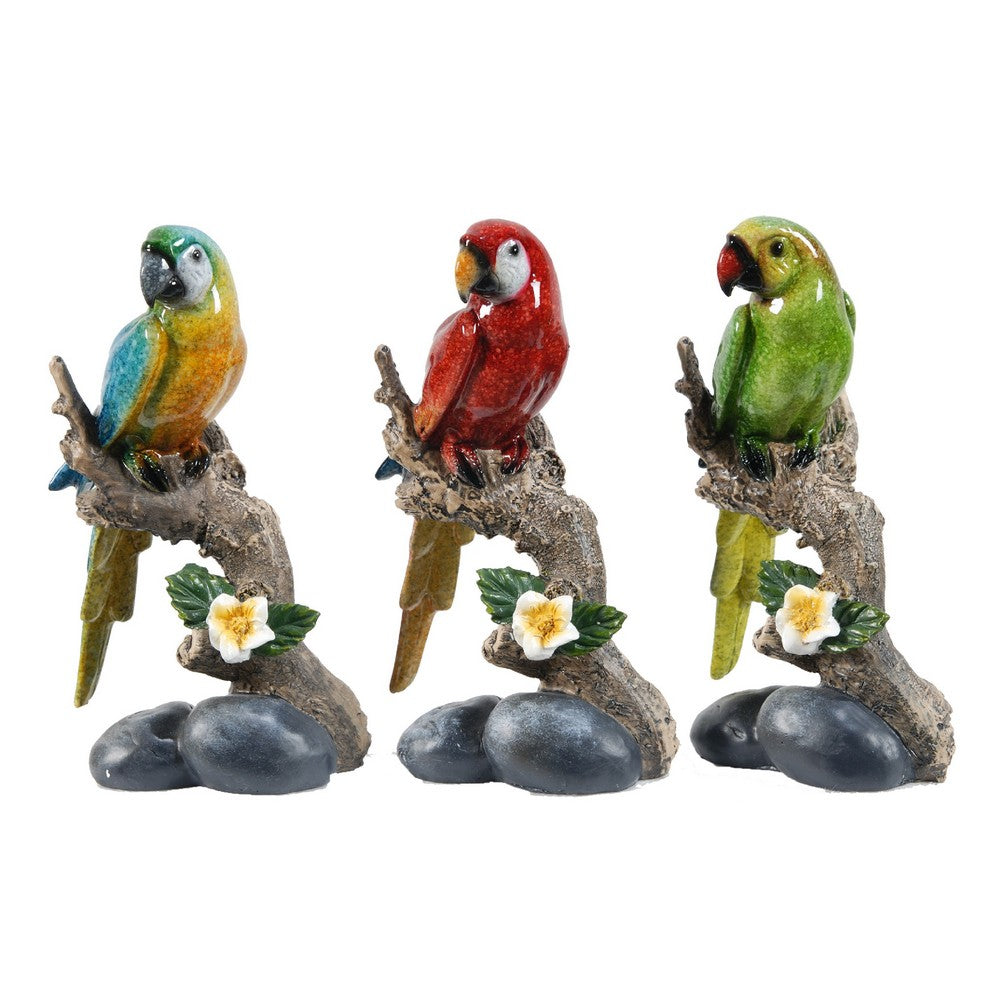 Tropical Bird Macaw Parrot on Branch Figurines, Green Red Blue, 3pc Set