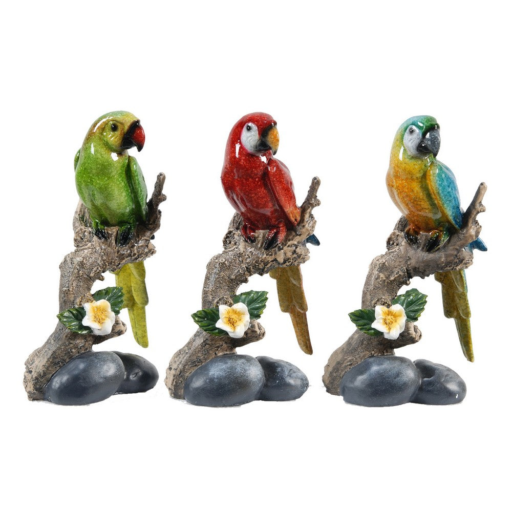 Tropical Bird Macaw Parrot on Branch Figurines, Green Red Blue, 3pc Set