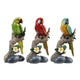 Tropical Bird Macaw Parrot on Branch Figurines, Green Red Blue, 3pc Set