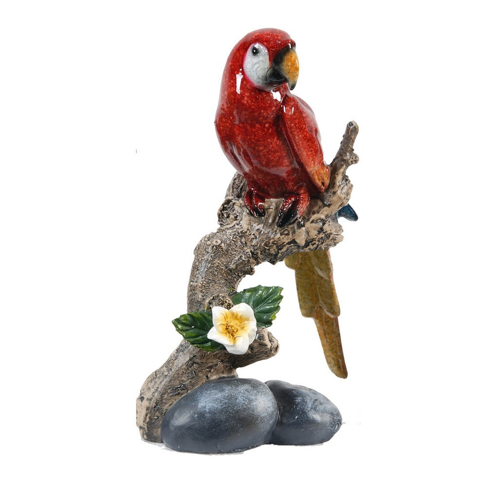 Tropical Bird Macaw Parrot on Branch Figurines, Green Red Blue, 3pc Set