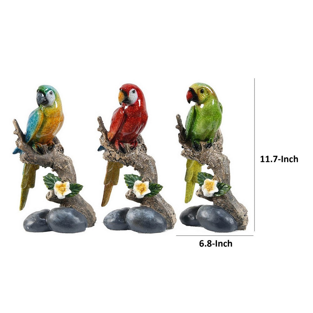 Tropical Bird Macaw Parrot on Branch Figurines, Green Red Blue, 3pc Set