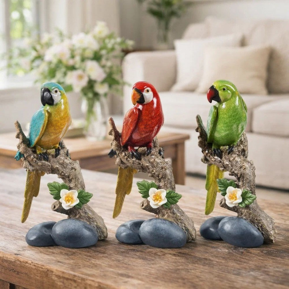 Tropical Bird Macaw Parrot on Branch Figurines, Green Red Blue, 3pc Set