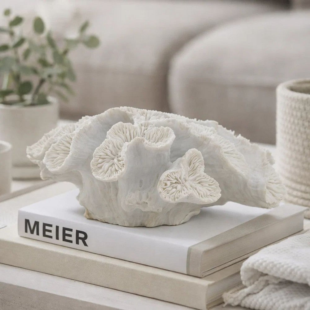 Decorative Coral Sculpture Tabletop Decor | 9" White Polyresin