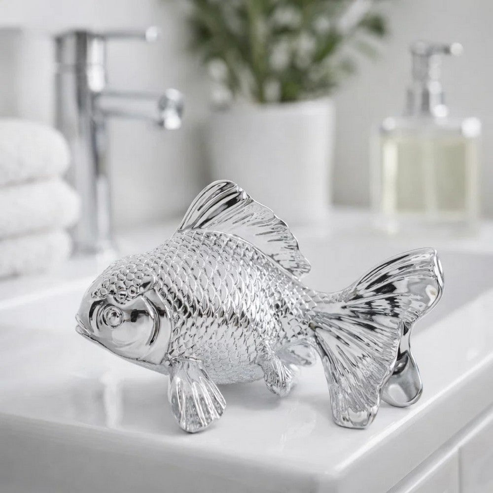 Decorative Fish Figurine | 10" Silver Resin Tabletop Accessory