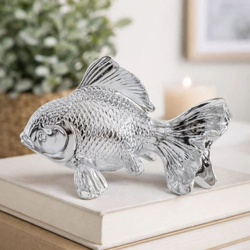Decorative Fish Figurine | 10" Silver Resin Tabletop Accessory