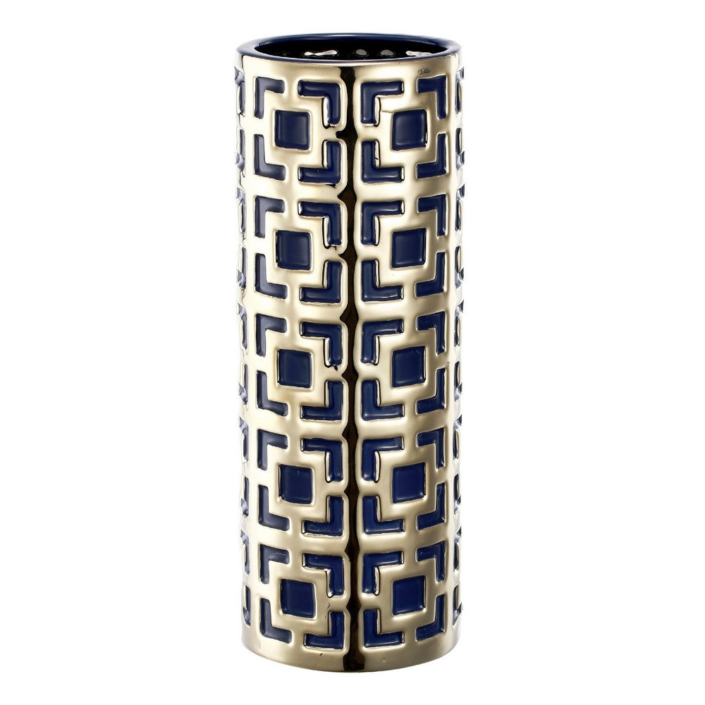 Flower Vase for Tabletop Decor | Geometric Gold & Blue Accent | 16"