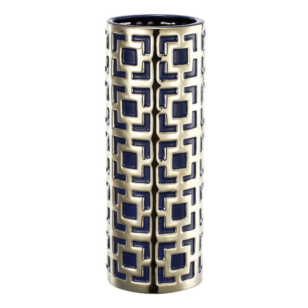 Flower Vase for Tabletop Decor | Geometric Gold & Blue Accent | 16"