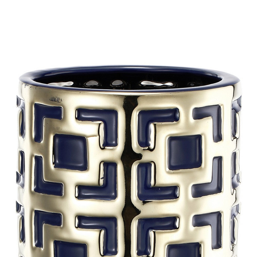 Flower Vase for Tabletop Decor | Geometric Gold & Blue Accent | 16"