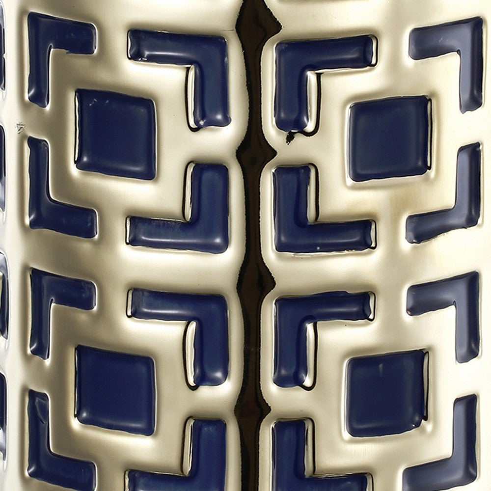 Flower Vase for Tabletop Decor | Geometric Gold & Blue Accent | 16"