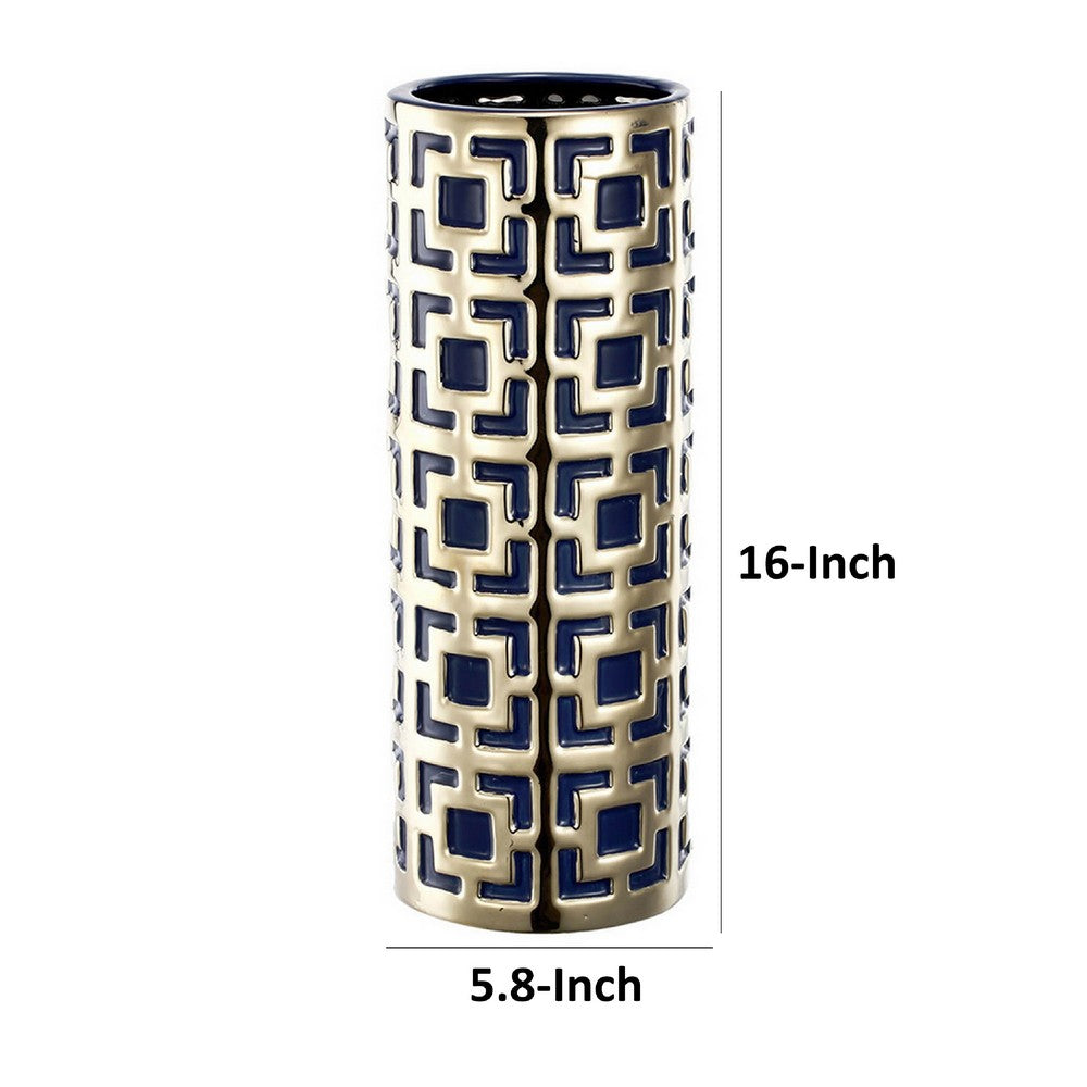 Flower Vase for Tabletop Decor | Geometric Gold & Blue Accent | 16"