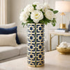 Flower Vase for Tabletop Decor | Geometric Gold & Blue Accent | 16"