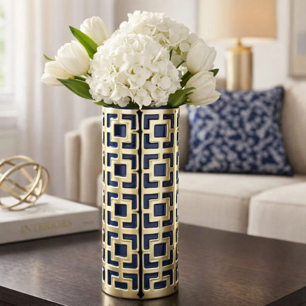Flower Vase for Tabletop Decor | Geometric Gold & Blue Accent | 16"