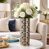 Flower Vase for Tabletop Decor | Geometric Gold & Blue Accent | 16"