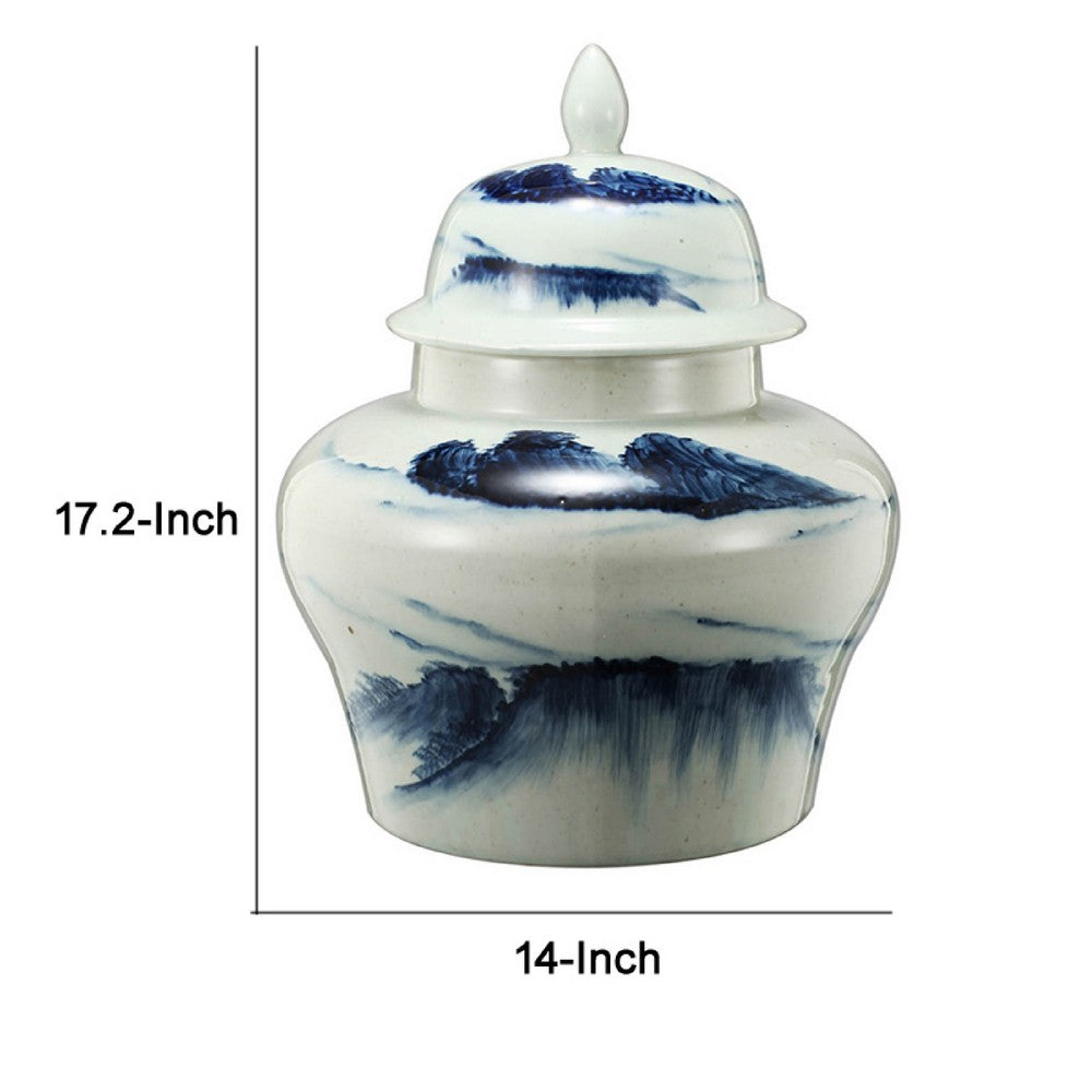Decorative Ginger Jar with Lid | 17" White & Blue Porcelain