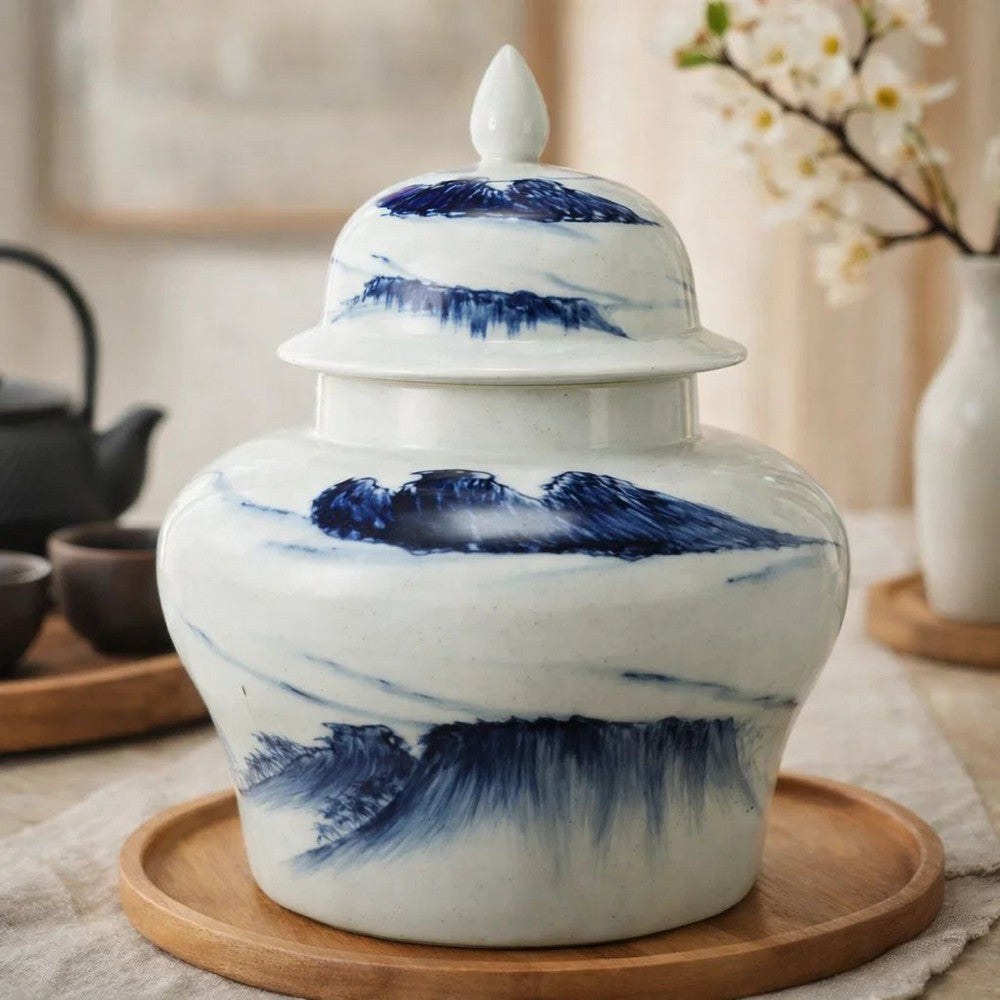 Decorative Ginger Jar with Lid | 17" White & Blue Porcelain