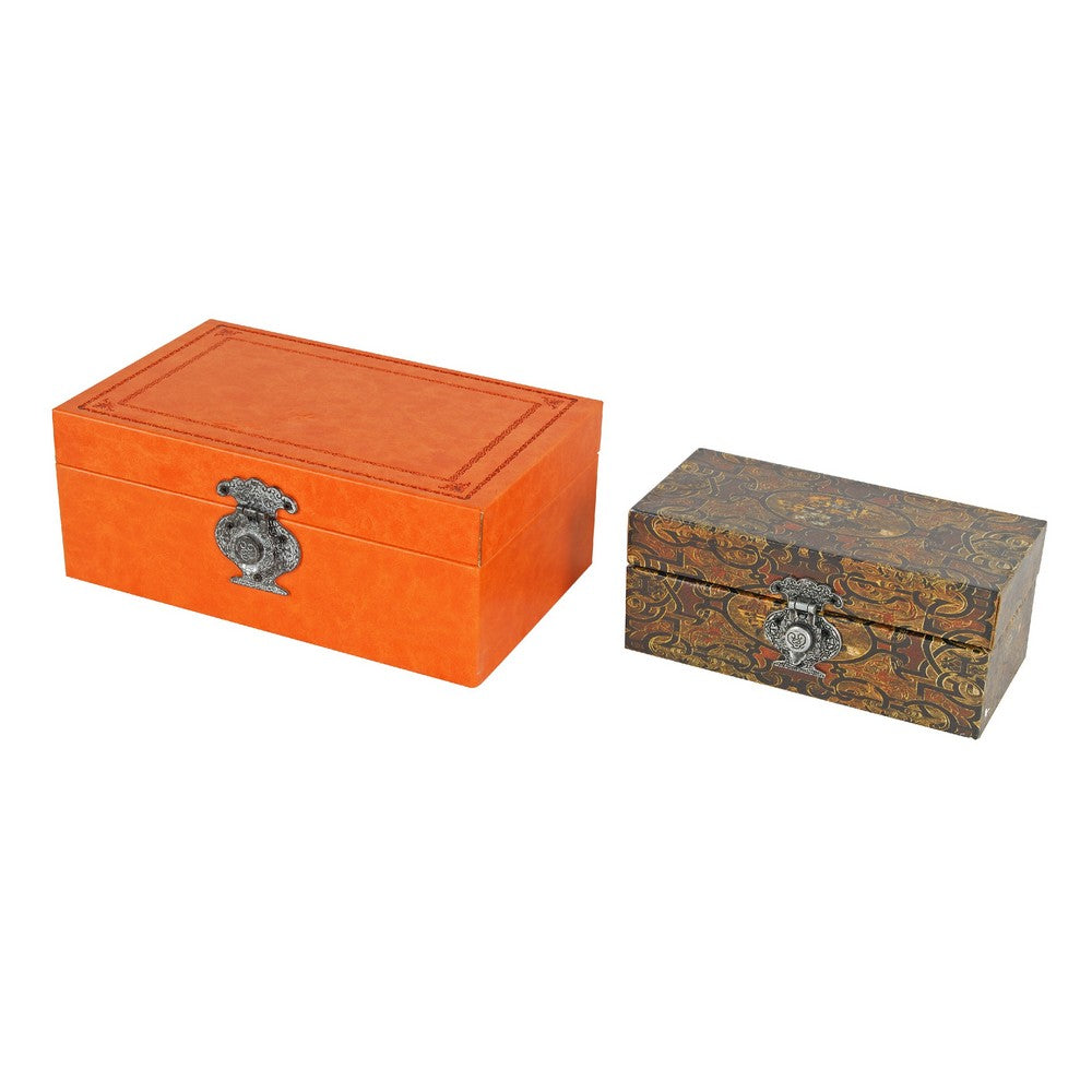 Storage Box Set of 2 | Heritage Motif Accent Faux Leather | Orange Brown