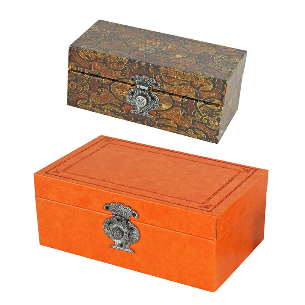 Storage Box Set of 2 | Heritage Motif Accent Faux Leather | Orange Brown