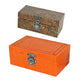 Storage Box Set of 2 | Heritage Motif Accent Faux Leather | Orange Brown