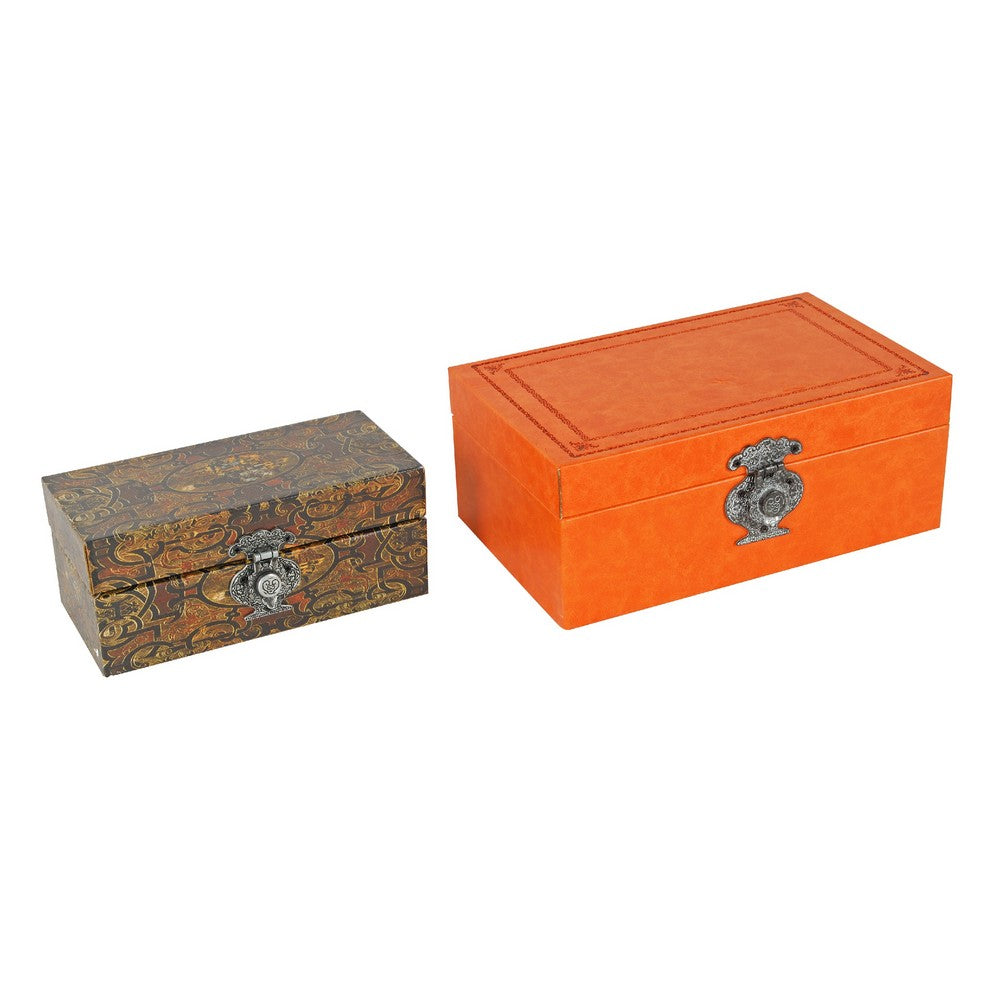 Storage Box Set of 2 | Heritage Motif Accent Faux Leather | Orange Brown