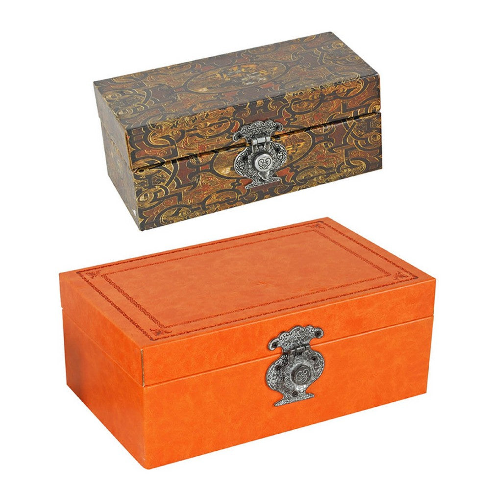 Storage Box Set of 2 | Heritage Motif Accent Faux Leather | Orange Brown