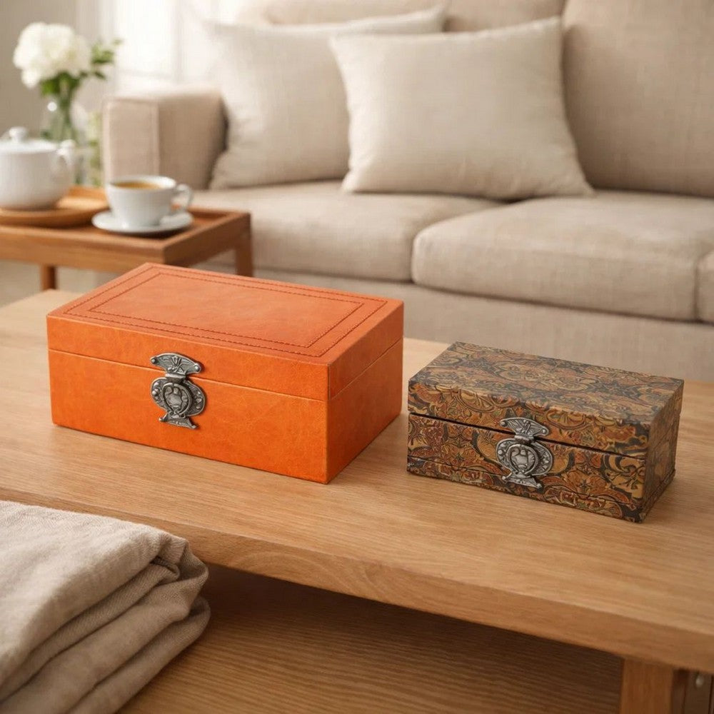 Storage Box Set of 2 | Heritage Motif Accent Faux Leather | Orange Brown