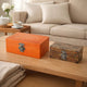 Storage Box Set of 2 | Heritage Motif Accent Faux Leather | Orange Brown