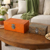 Storage Box Set of 2 | Heritage Motif Accent Faux Leather | Orange Brown