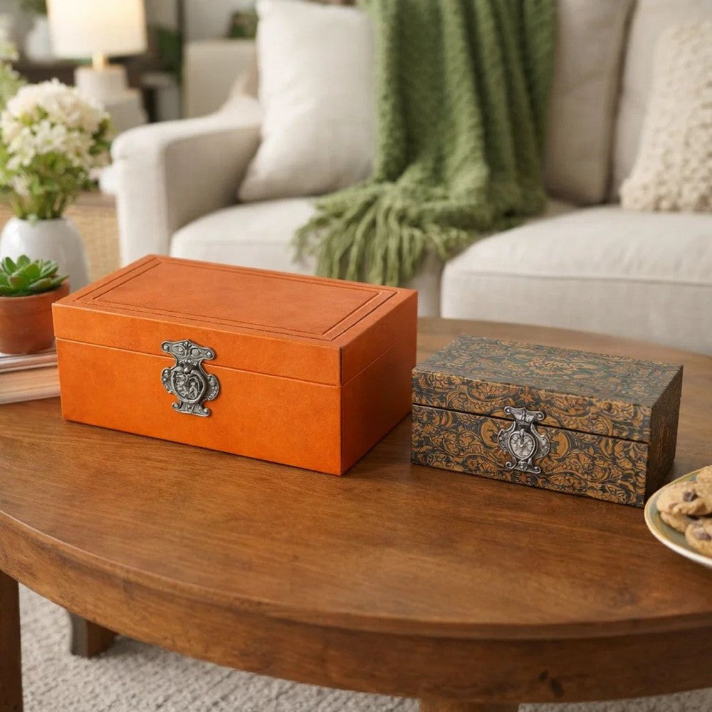 Storage Box Set of 2 | Heritage Motif Accent Faux Leather | Orange Brown